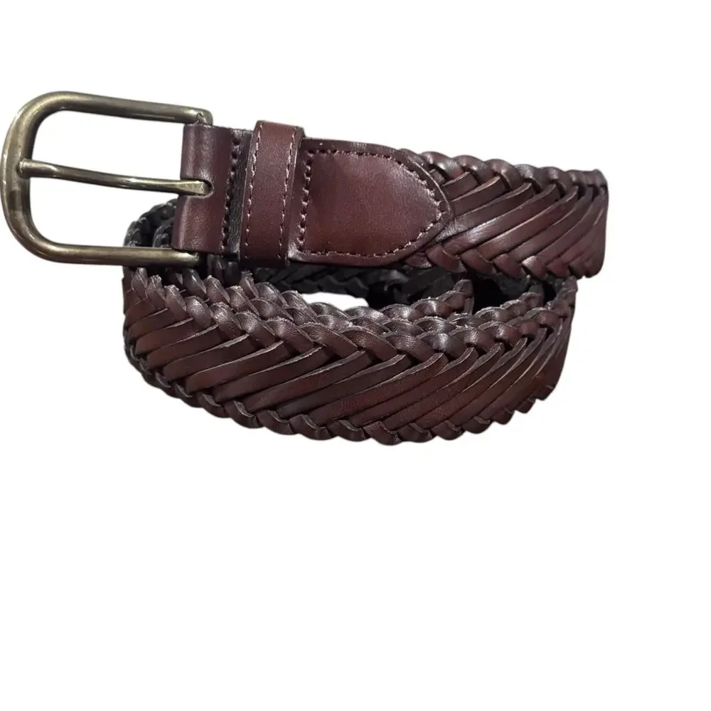 J. Crew Diagonal Braided Leather Belt Brown Brass Hardware Classic Men's Size L